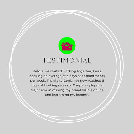 Appointment booking growth testimonial: Weekly bookings increased from 3 to 5 days, with enhanced online visibility and income growth.
